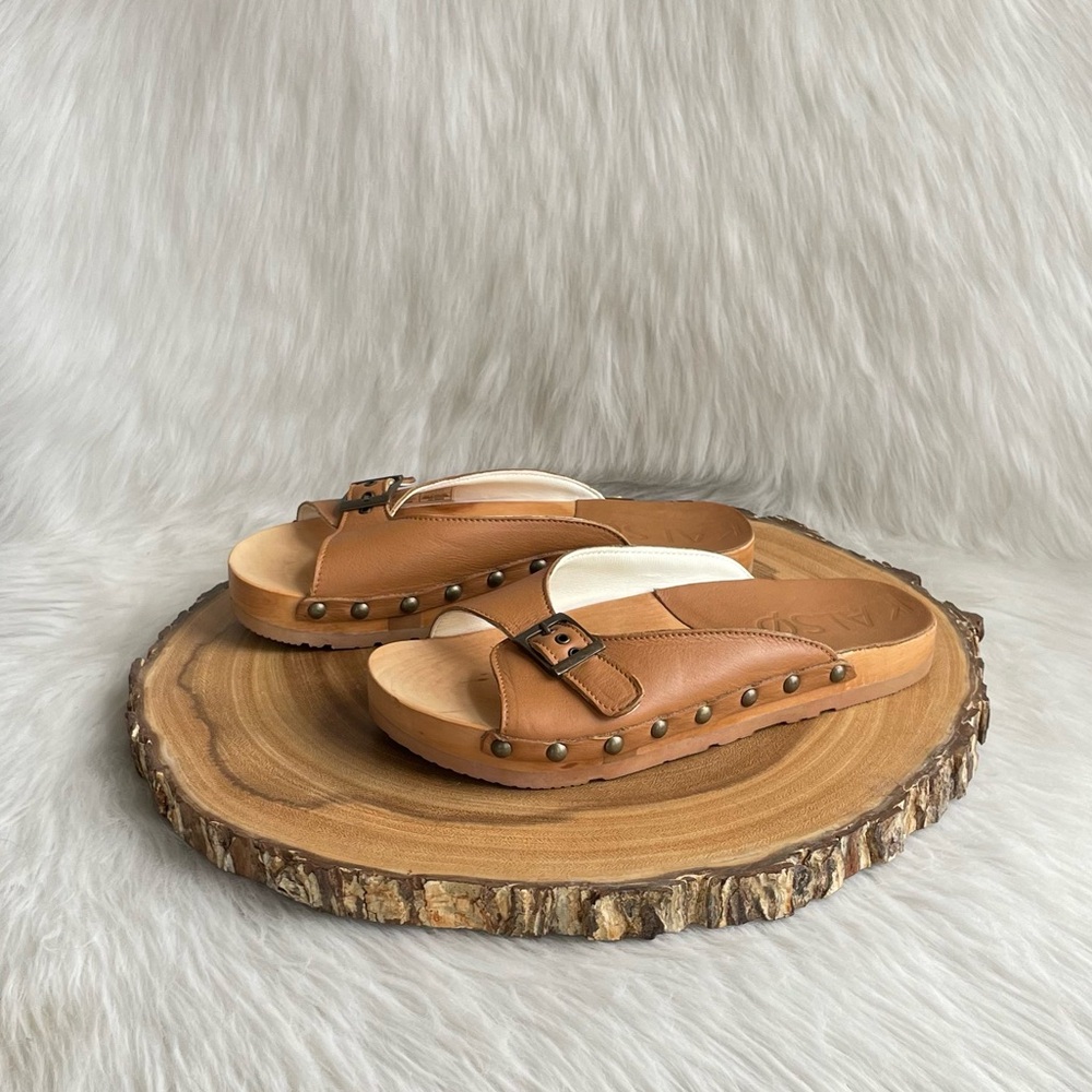 Tan Leather Studded Slide Clogs with Buckle Accent